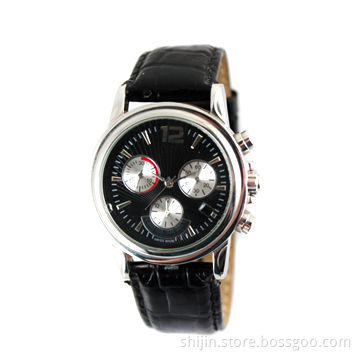 Three eyes watch with multifunction, genuine leather band watch